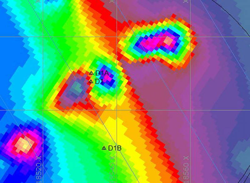 This magnetic contour map shows some of the magnetic anomalies at Target 1, Drop 1. The previous crew tested Drop 1B (denoted in this map as D1B) on 10 August, but we have decided to test further at D1, which is only three meters south of the actual location of our buoy (D1A). D1 is situated between areas of high and low readings, shown in colors on this contour map, and is likely to be close to the source of this anomaly. Brendan Burke and Olivia McDaniel tested the area around D1 and D1A today.