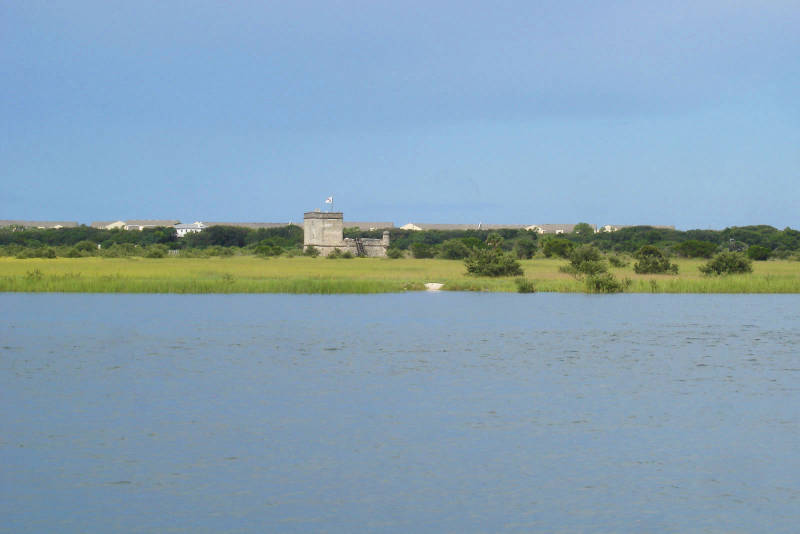 Here is the view of Fort Matanzas as we cruise past it. This fort was built by the Spanish in 1742 to guard the “back door” to St. Augustine, the Matanzas Inlet. This approximate location is where, in 1565, the shipwrecked French survivors met Spanish forces and surrendered, and were subsequently massacred. Matanzas means “slaughters” in Spanish.