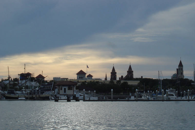 The sun sets behind St. Augustine as we finally reach our destination, passing the unique skyline of this most beautiful and ancient of cities. The sun sets behind St. Augustine as we finally reach our destination, passing the unique skyline of this most beautiful and ancient of cities.
