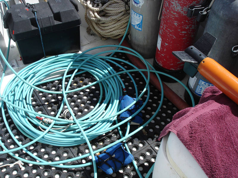 The end of the mag towfish and the mag cable with its 12 lbs. weight recovered at the end of the Mag depth control experiment. This was the set up we used for both Target 1 and Target E1.