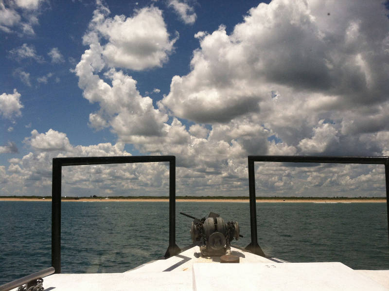 The bow of the Roper as she makes her turn east to come on line for the next survey lane in Target 7. This stretch of remote Florida coast gives one an idea of what old Florida looked like from the sea before the era of beachfront condos and hotels.