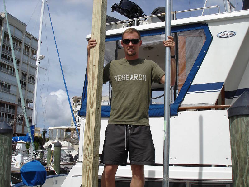 Brendan Burke, LAMP Archaeologist and Logistical Coordinator. Brendan is a licensed boat captain and does a lot of the on-board mechanical work required to keep the boat and equipment going. One of his specialties is the implementation and interpretation of marine sonar. His t-shirt proudly declares our mission!