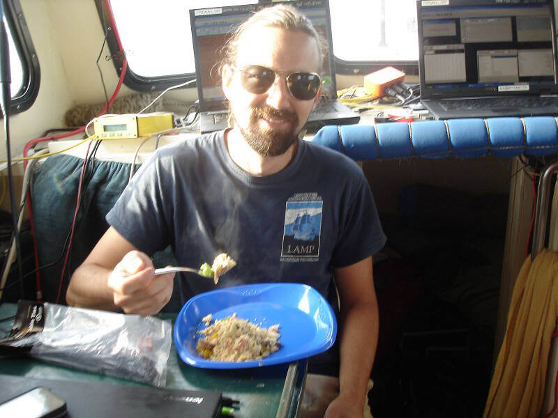 Breakfast is a hit with Brian! We take shifts driving the boat so that we can prepare and eat meals while still gathering data. By the end of the day we finished 10 lanes, or 50 nautical miles of survey.