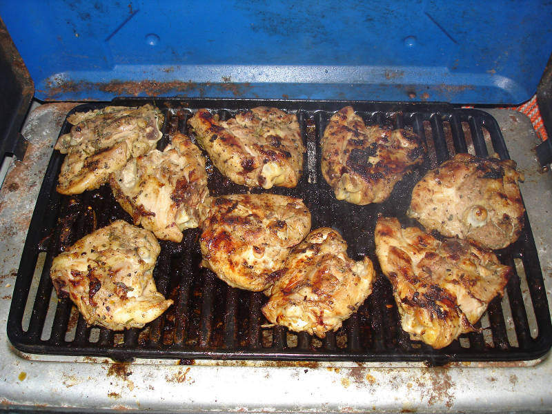 Last night’s dinner: marinated chicken thighs on the camp grill.