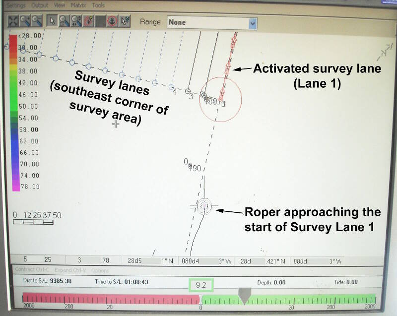 This is a view of our navigational display that the helmsman uses when driving the boat along a survey lane.