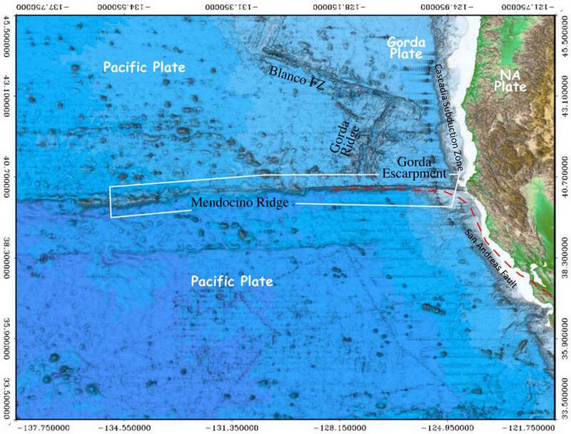 Overview map of features in the Mendocino Ridge area (adapted from EX0903 Cruise Report).