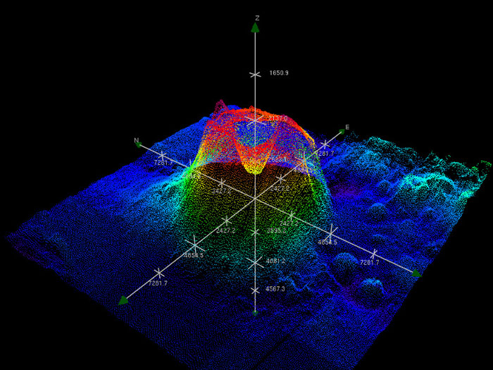 3D view of the SW side of an unnamed volcano with 40-degree slopes.