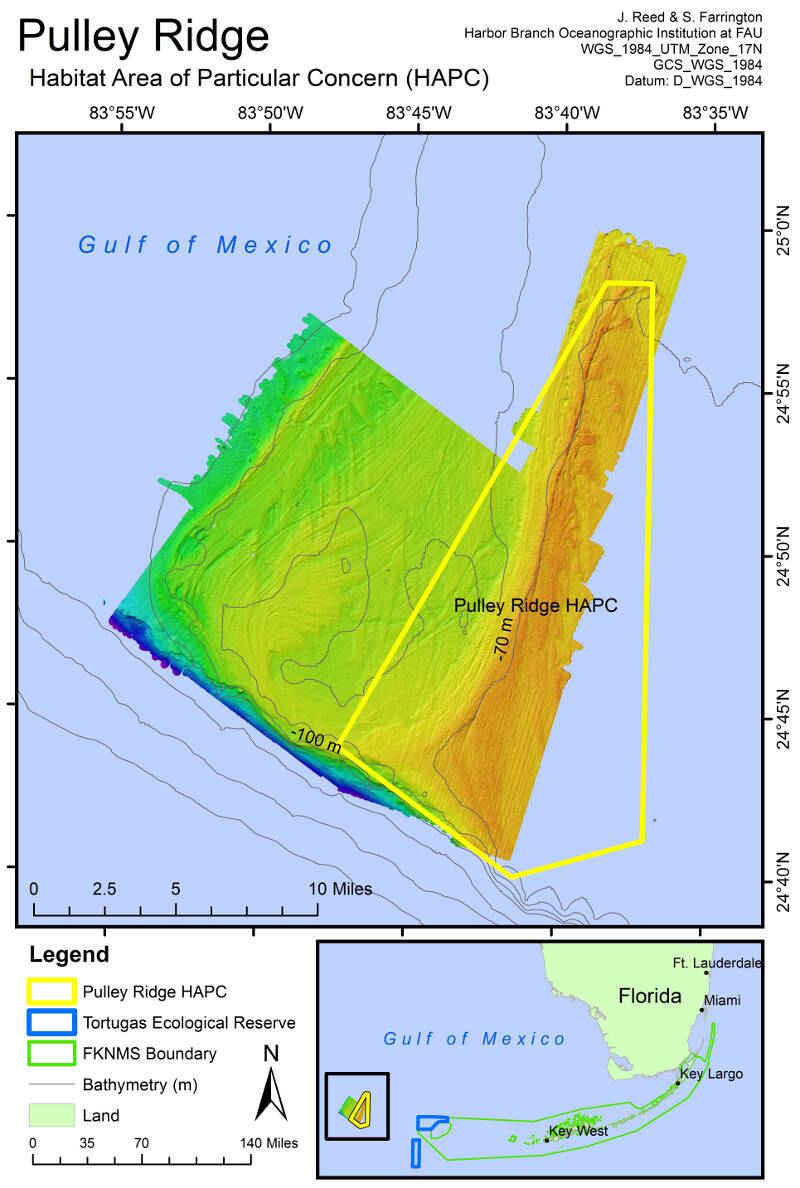 Map of Pulley Ridge Habitat Area of Particular Concern showing multibeam sonar. 