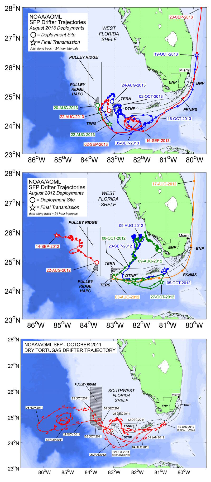 Trajectories from surface drifters deployed around the region in 2011, 2012, and 2013.