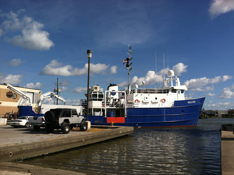 <em>R/V Pelican</em> in dock ready to depart on the Bioluminescence and Vision on the Deep Seafloor 2015 expedition.