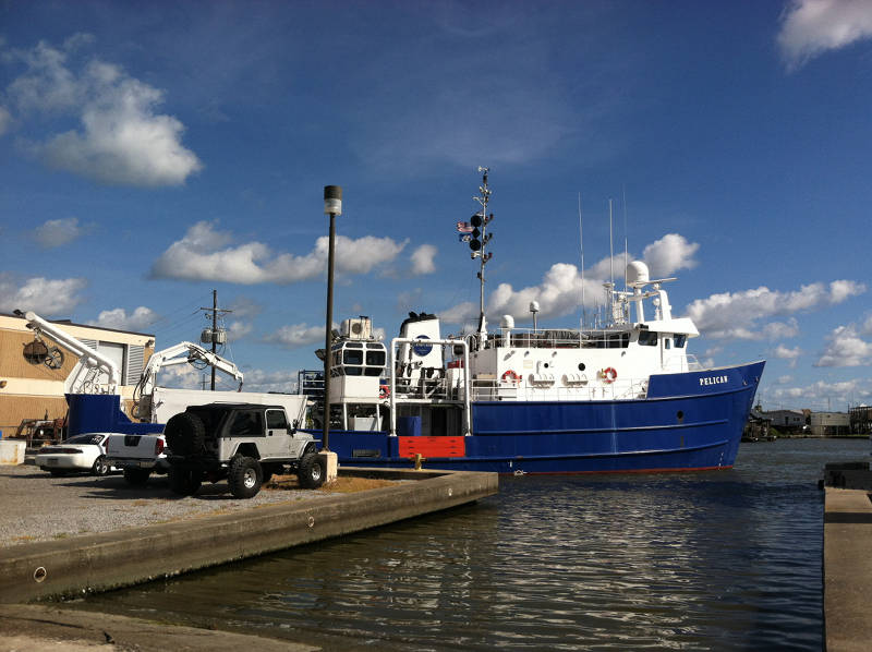 <em>R/V Pelican</em> in dock ready to depart on the Bioluminescence and Vision 2015 expedition.