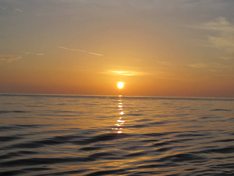 Sunset from the deck of the <em>R/V Pelican</em>.