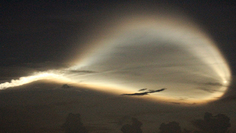 Shortly before sunrise, we saw the Atlas V rocket launched from Cape Canaveral, over 300 miles away. The sunlight caught the rocket's plume trail at just the right angle, creating a colorful display.