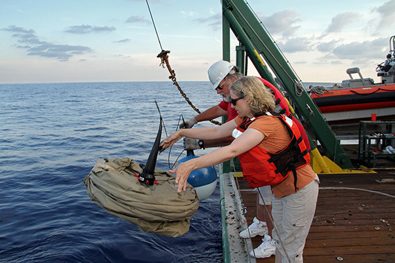 At each of the three Physical Oceanography sites, our NOAA Project Manager Kimberly Puglise and Chief Scientist Dennis Hanisak deployed a satellite-tracked surface drifting buoy (“drifter”) from the R/V Walton Smith to track the regional circulation patterns occurring during these surveys. Each drifter will transmit data for about three months. 