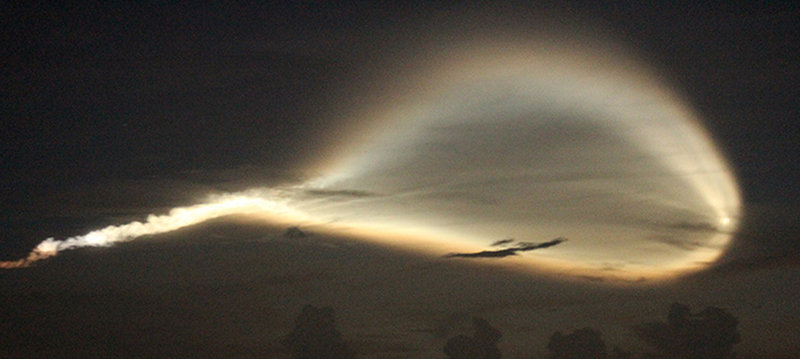 Shortly before sunrise, we saw the Atlas V rocket launched from Cape Canaveral, over 300 miles away. The sunlight caught the rocket's plume trail at just the right angle, creating a colorful display.