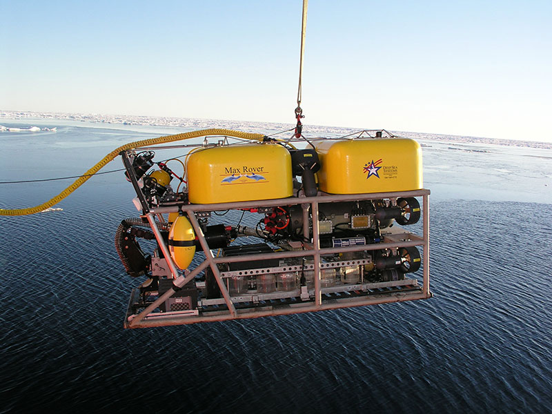 The ROV is lowered into the Arctic waters during NOAA’s 2005 The Hidden Ocean expedition. 