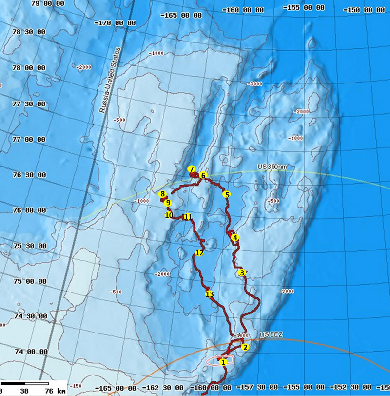 This map displays all 13 stations visited and sampled in the Chukchi Borderlands during The Hidden Ocean 2016 expedition.