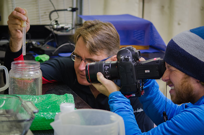 Mathew Broughton, cinematographer for Microcosm, takes footage of Dr. Dhugal Lindsay examining a jar of plankton collected from the plankton net. Image courtesy of Caitlin Bailey, GFOE, The Hidden Ocean 2016: Chukchi Borderlands.