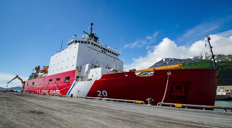 The United States Coast Guard Cutter Healy sits in port in Seward, Alaska.