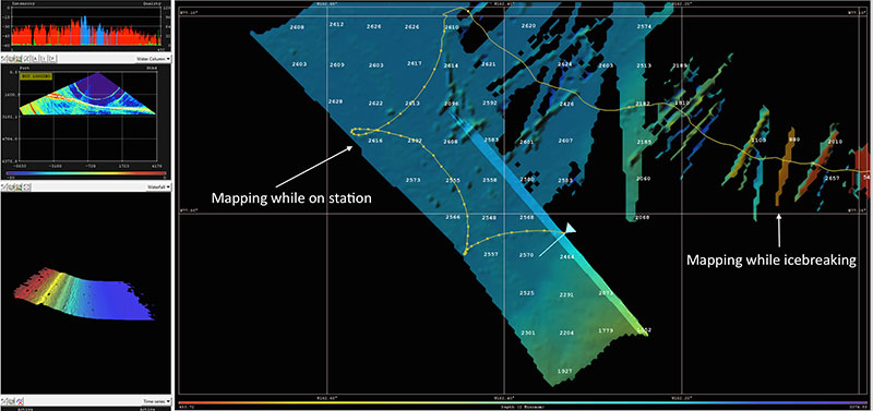 This screenshot of the U.S. Coast Guard Cutter Healy’s multibeam software shows the main challenge of mapping in the Arctic. While the ship is at a science station, the mapping is clear, but the map is broken up when the ship is breaking ice. 