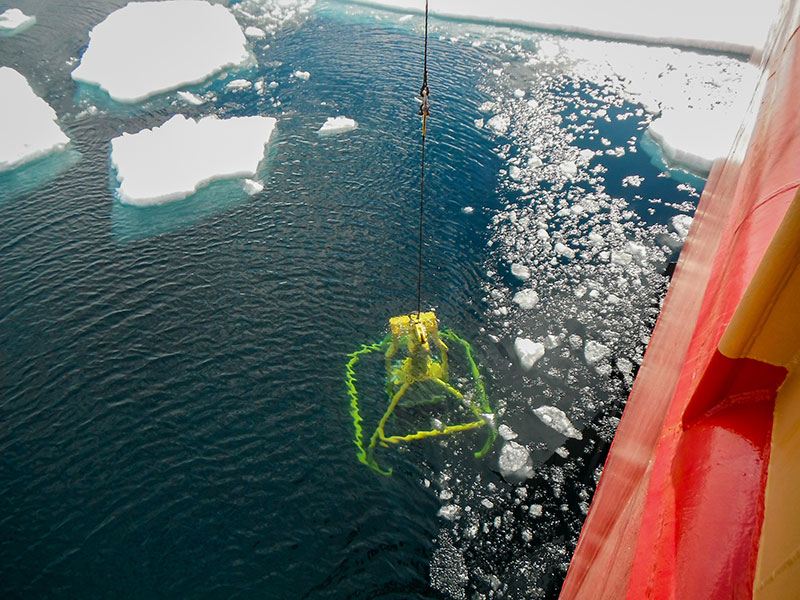 The box corer returns from the bottom of the ocean with a sample of the muddy seafloor.