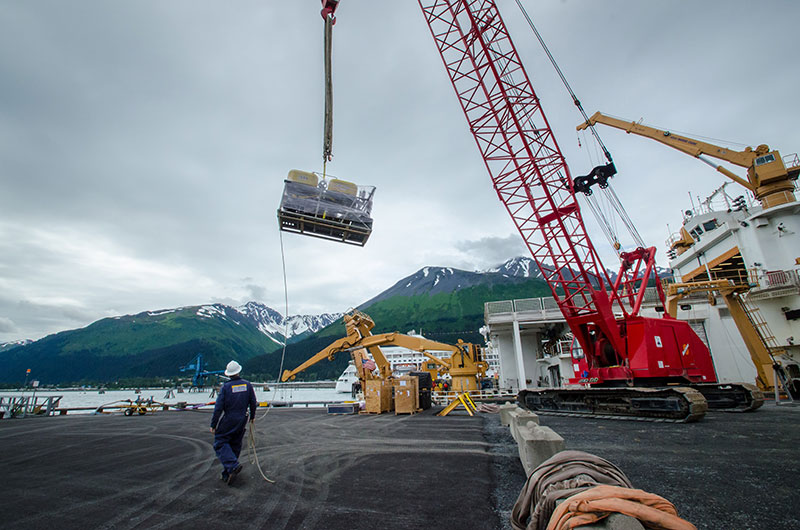 The ROV is delicately lifted by a crane onto the deck of the USCGC Healy.