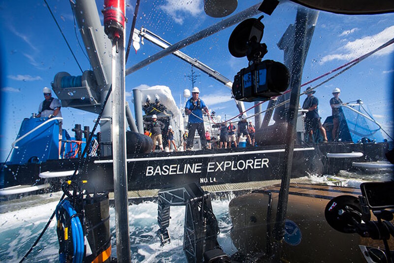 A first-person view of the launching of the mini-sub Nemo off the stern of the R/V Baseline Explorer, Project Baseline’s 150-foot research vessel. Image courtesy of Robert Carmichael, Project Baseline - Battle of the Atlantic expedition.