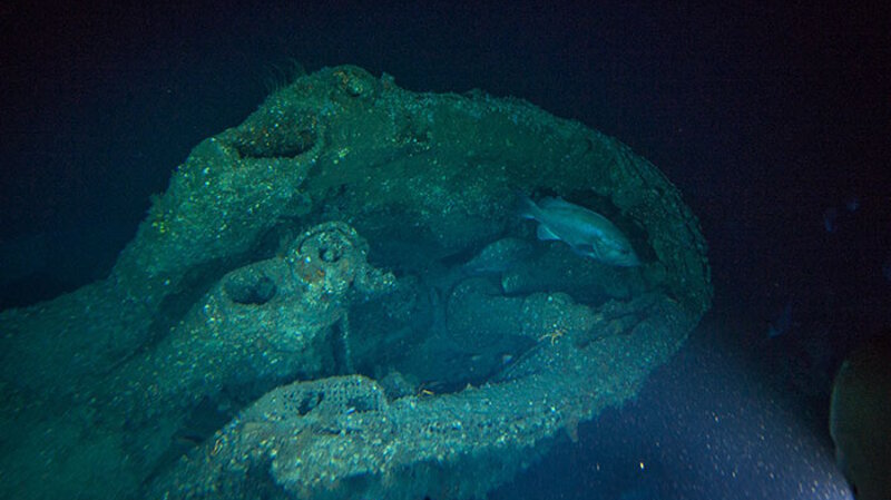 The conning tower of U-576 as viewed from the mini-sub. Entry was gained to the U-boat through a watertight hatch located in the center of the conning tower. The attack periscope can be seen in the near the back of the tower.