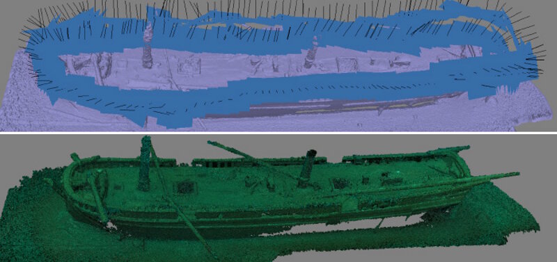 Top: Camera positions for each referenced image. Bottom: Dense point cloud model of a shipwreck site in 190 feet of water collected and processed by MNMS.