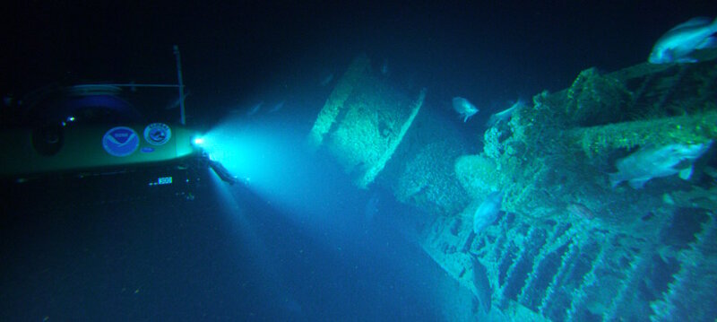 Light from the submersible reveals that fish occupy both the structure of the U-576 and the water column above.
