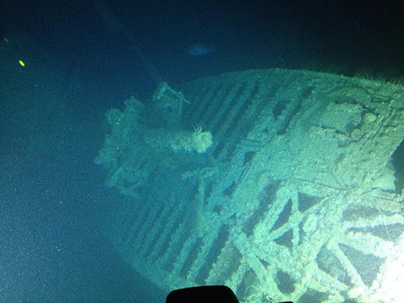 Picture taken from inside the submersible of U-576 showing the deck guns and conning tower (in the background).