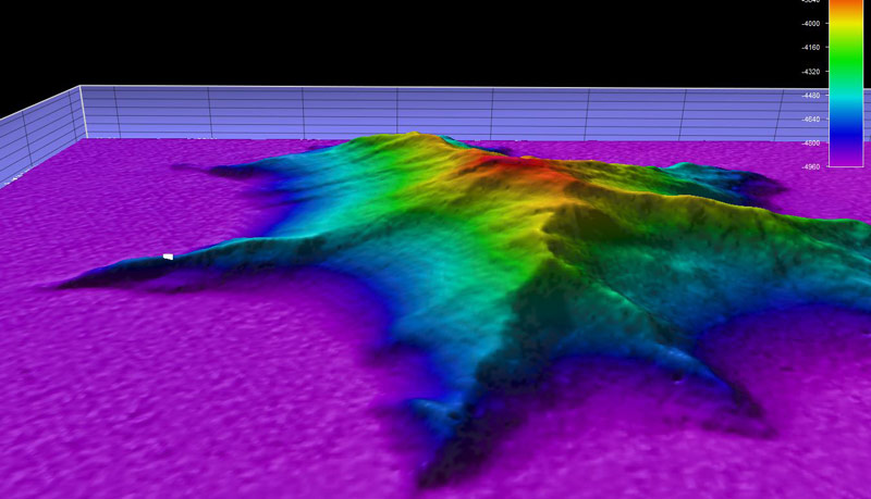 High resolution multibeam map of a newly discovered seamount. The red color corresponds to the seamount summit or peak, while the purple represents the base of the feature.