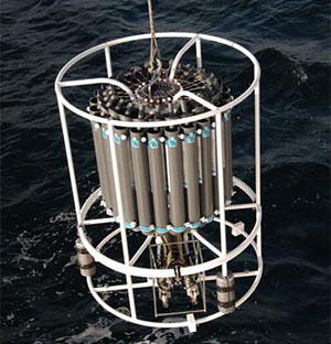 A CTD is lowered into the water to measure the salinity, temperature, depth and concentration of particles in the water column.
