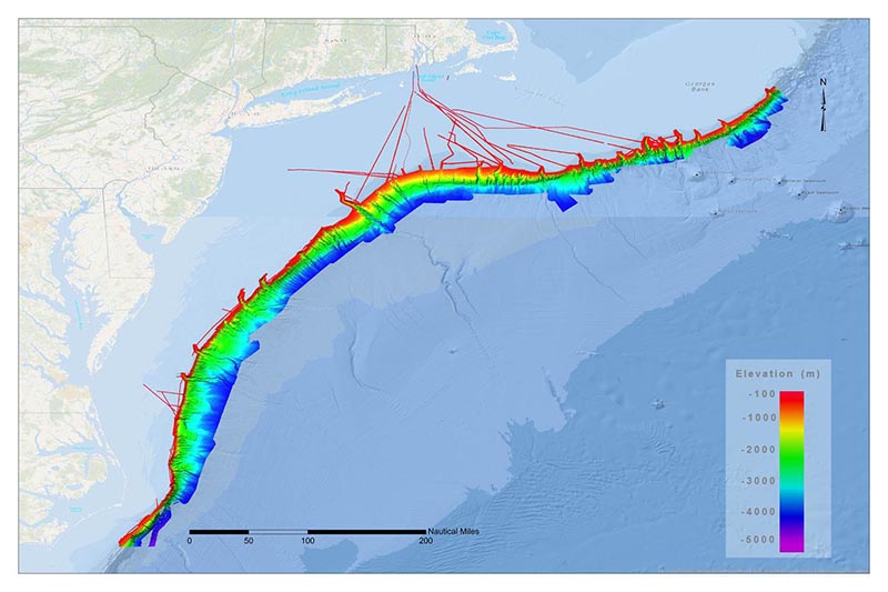From 2011-14, NOAA and partners mapped all or part of every submarine canyon between the Exclusive Economic Zone from the US-Canada border to North Carolina, totaling more than 34,000 square miles of seafloor. This map includes high resolution bathymetry acquired by NOAA Ships Okeanos Explorer, Ferdinand R. Hassler, Nancy Foster, and Ronald H. Brown.