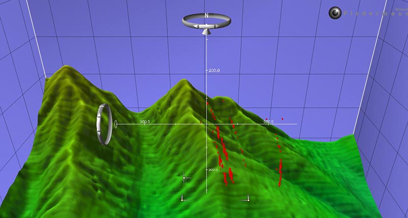 Interactive scene file of cold seeps within a three dimensional data visualization system called Fledermaus. The series of red dots rising from the sea floor are the bubbles from methane seeps detected by the multibeam sonar during the Northeast U.S. Canyon Expedition 2013.