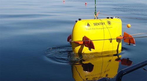 The autonomous underwater vehicle Sentry is designed to dive as deep as 6,000 meters (19,685 feet). It is powered by more than 1,000 lithium-ion batteries—similar to those used in laptop computers, though adapted for extreme pressures—which allow it to dive up to 20 hours.