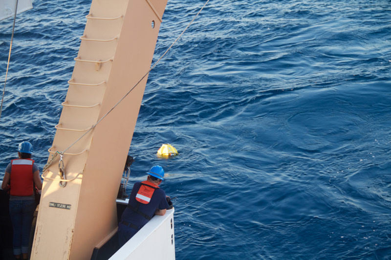 The stationary transponder is successfully deployed in the water.