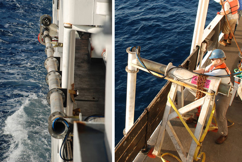 Left: While underway, the transceiver is secured to the side of the ship. Right: The transceiver is lowered into the water when in use.