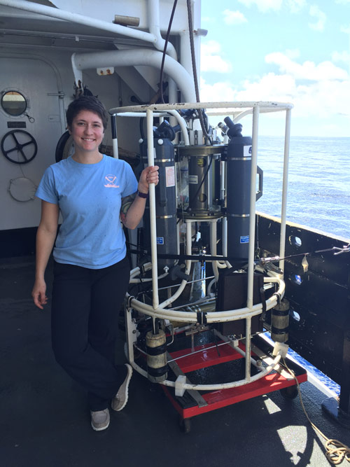 Danielle and the CTD rosette aboard NOAA Ship Pisces.