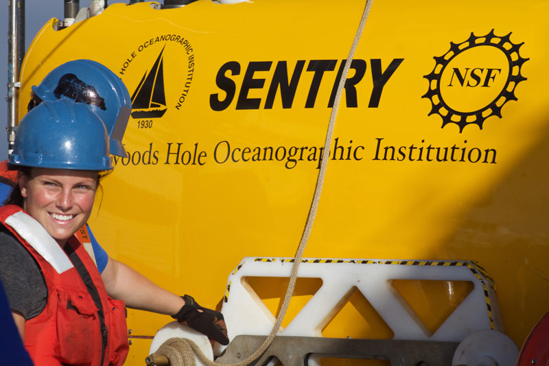 Molly with the autonomous underwater vehicle (AUV) Sentry.