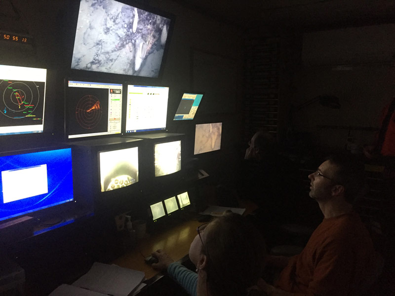 Kevin and Cheryl follow the ROV dive from the control van.