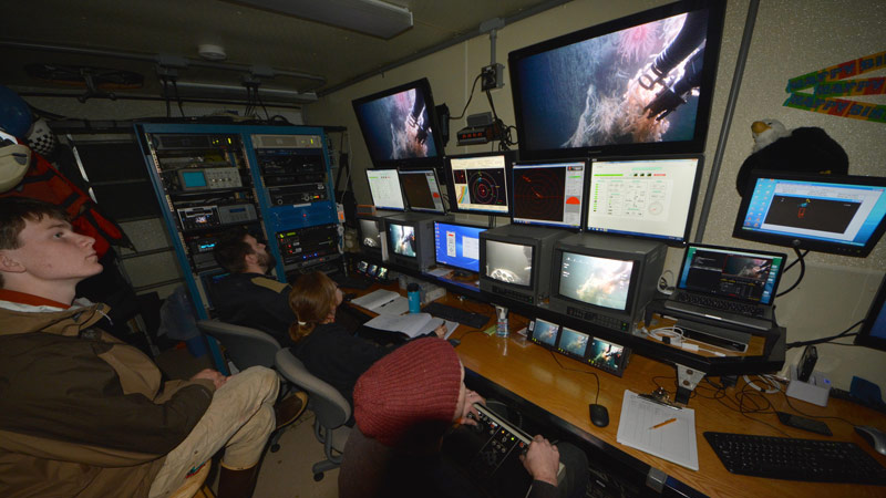Rowan Sharman, Mike McKee, Cheryl Morrison, and Matt Jewell in the control van during ROV operations.