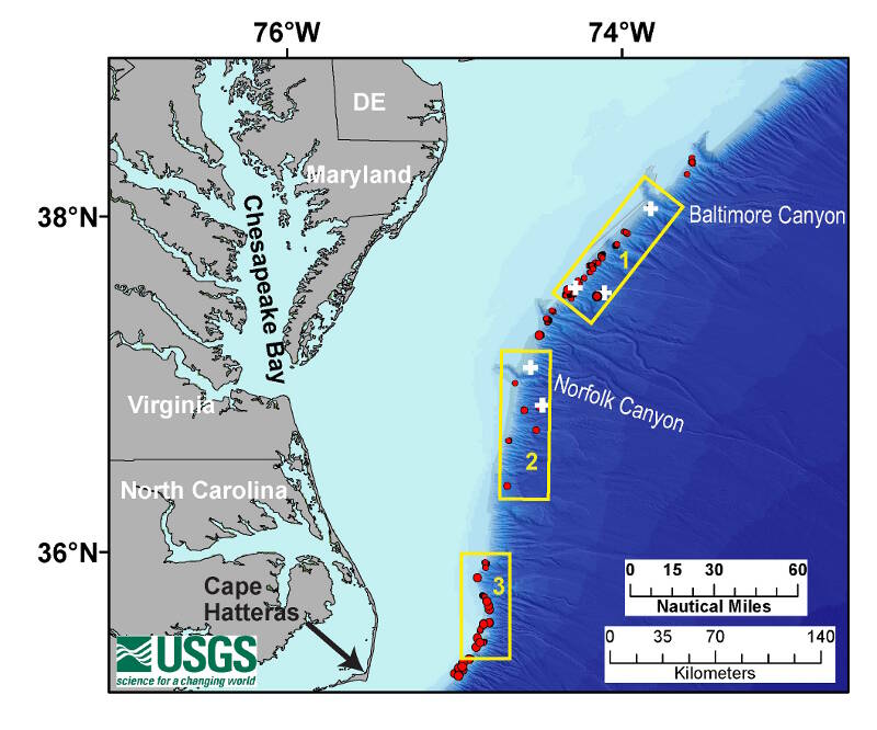 In this map, the red dots are methane seeps discovered in 2012 and supplemented by other USGS cruises in recent years. The crosses are sites of previous federally sponsored dives (HOV and ROV). During this expedition, scientists plan to conduct three dives in Boxes 1 and 2 and one dive in Box 3.