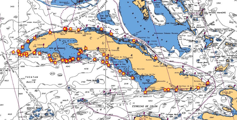 Map of Cuba with proposed ROV dive sites on shelf-edge mesophotic reefs, deep shelf-slope, and seamounts (depths 30-200 meters).