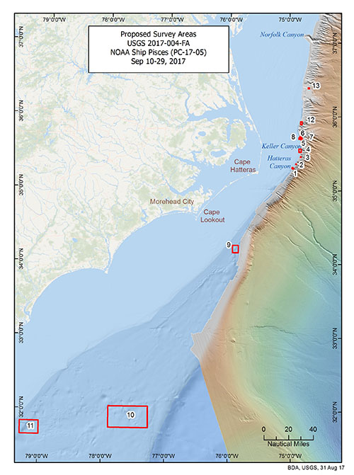 DEEP SEARCH will target coral, canyon, and seep habitats between 30-130 miles offshore the coasts of North Carolina, South Carolina, and Georgia.