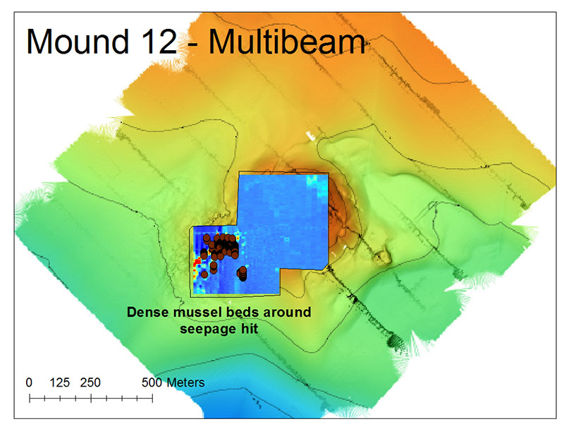 Autonomous underwater vehicle Sentry’s multibeam sonar mapping can be used to depict the bathymetry of the seafloor. Studies like this help scientists find and measure geological features of interest, such as the large mound detected on the seafloor