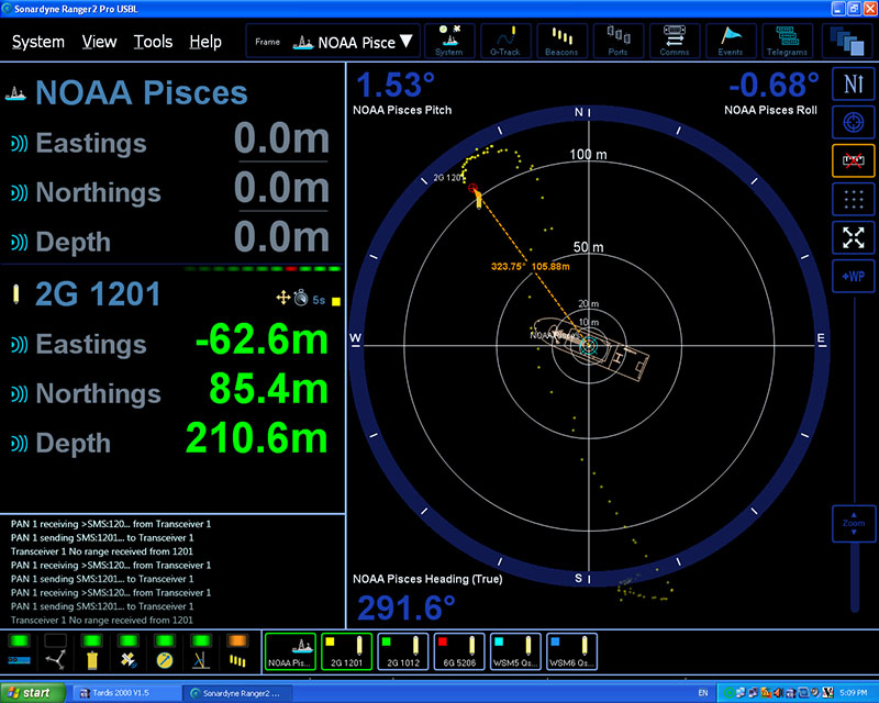 Another navigation display used by the Sentry team, this Sonardyne Ranger2 display shows the relative positions of the ship and the Sentry. Here, the Pisces was maintaining position while Sentry continued its survey just 105 meters away.