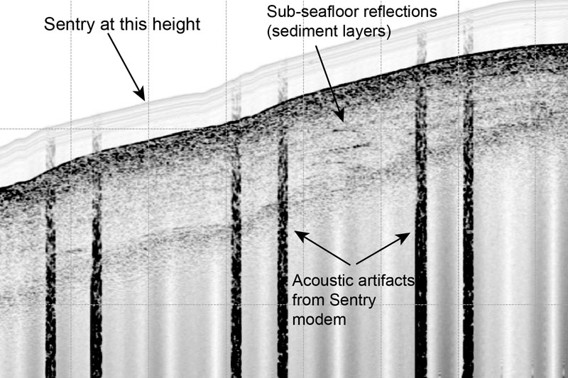 Screen capture of one of the preliminary processed sub-bottom profiles collected by the AUV Sentry during Dive 455. In this profile, sub-seafloor layers (stratigraphy) are visible as are several of the data artifacts that remain to be removed. Sentry transited at approximately six meters above the seafloor when these data were collected.