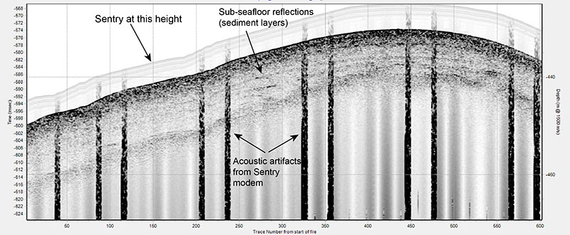 Screen capture of one of the preliminary processed sub-bottom profiles collected by the AUV Sentry during Dive 455. In this profile, sub-seafloor layers (stratigraphy) are visible as are several of the data artifacts that remain to be removed. Sentry transited at approximately six meters above the seafloor when these data were collected.