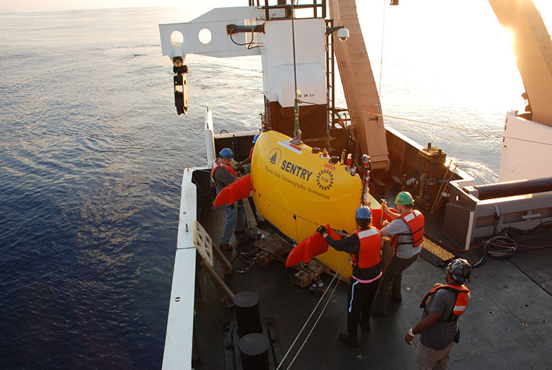 AUV Sentry is secured into its cradle after recovery for the last time during the DEEP SEARCH 2017 expedition.